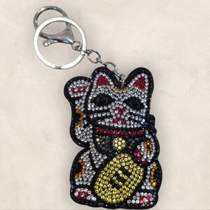 Lucky Cat Bag Charm Keychain with Rhinestones